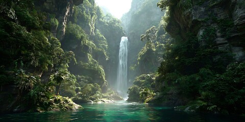 A waterfall cascades into a turquoise pool surrounded by lush green vegetation and rocky cliffsides