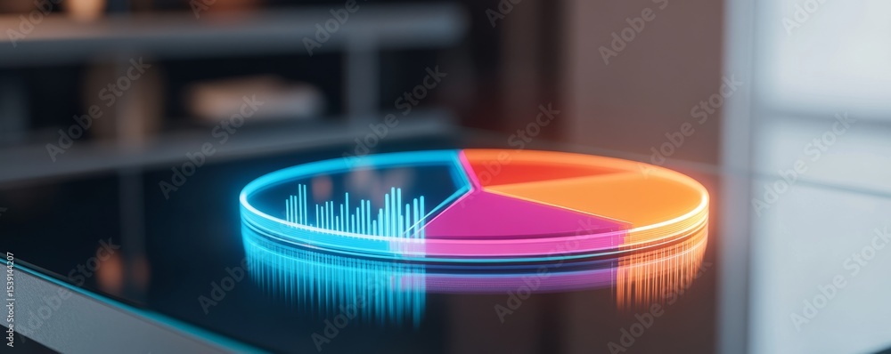 Poster glowing pie chart data visualization on glass table, analytics, reporting
