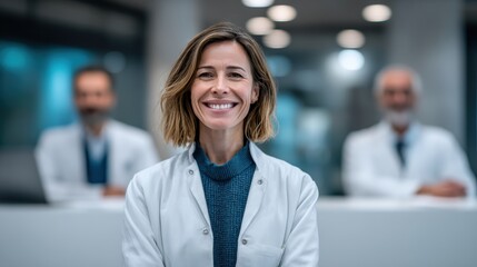 Fototapeta premium Smiling female healthcare professional in white uniform