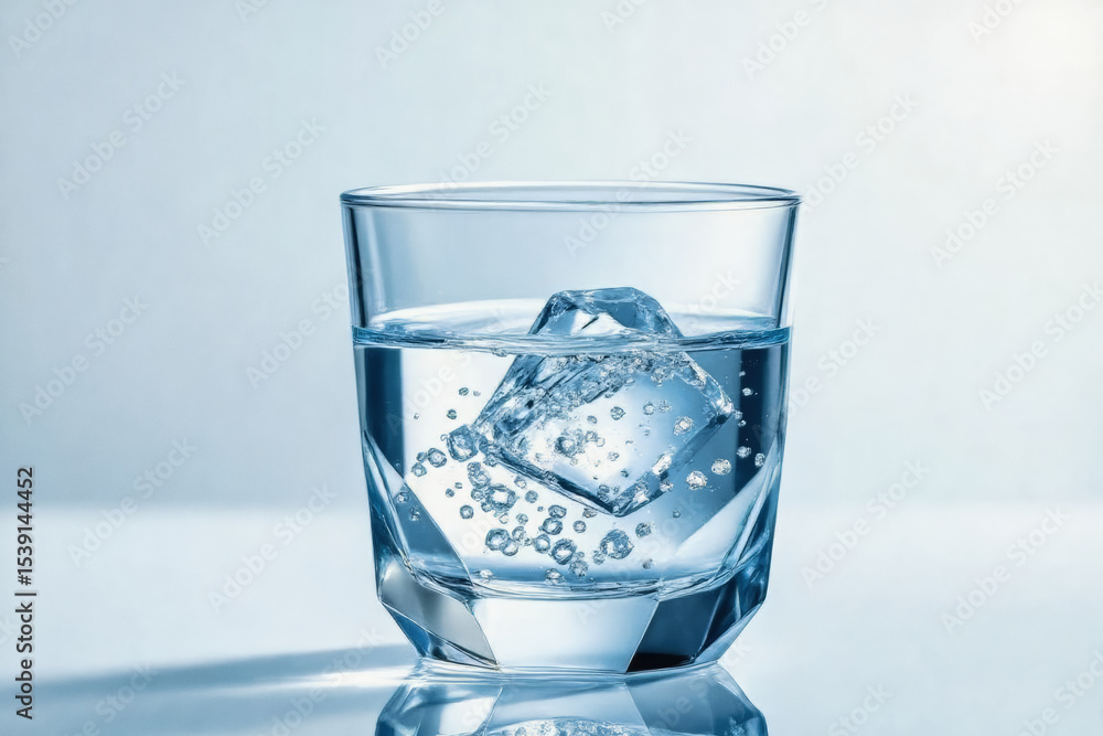 Poster a clear glass filled with sparkling water and a single ice cube sits on a reflective surface, captur