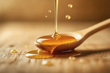 Golden honey drips from a wooden spoon, forming a glistening pool on a rustic wooden surface.