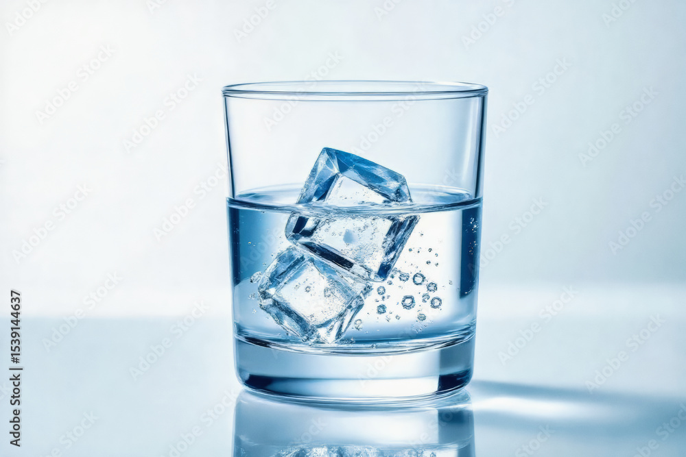 Poster a clear glass filled with water and ice cubes sits on a reflective surface, creating a refreshing an