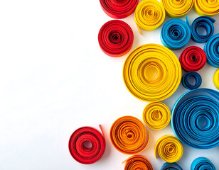 Colorful quilled paper spirals create an abstract border with space for text. Ideal for crafting, design, education, or vibrant backgrounds. Playful and modern.