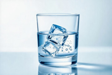 A clear glass filled with water and ice cubes sits on a reflective surface, creating a refreshing and cool visual.