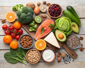 Assortment of healthy foods displayed on a wooden surface promoting balanced nutrition