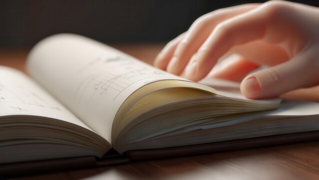 A caucasian hand gently turns the pages of an open notebook or book on a wooden surface. Concept of learning and reading