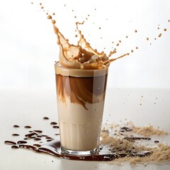 Photorealistic Coffee Splash in Transparent Glass with Creamy Swirls and Droplets on White Background