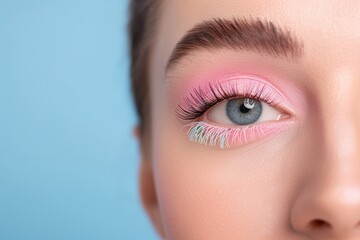 Obraz premium Blue eye with pink pastel lashes and lower glitter, Colorful makeup styling, Closeup beauty portrait with soft radiant skin