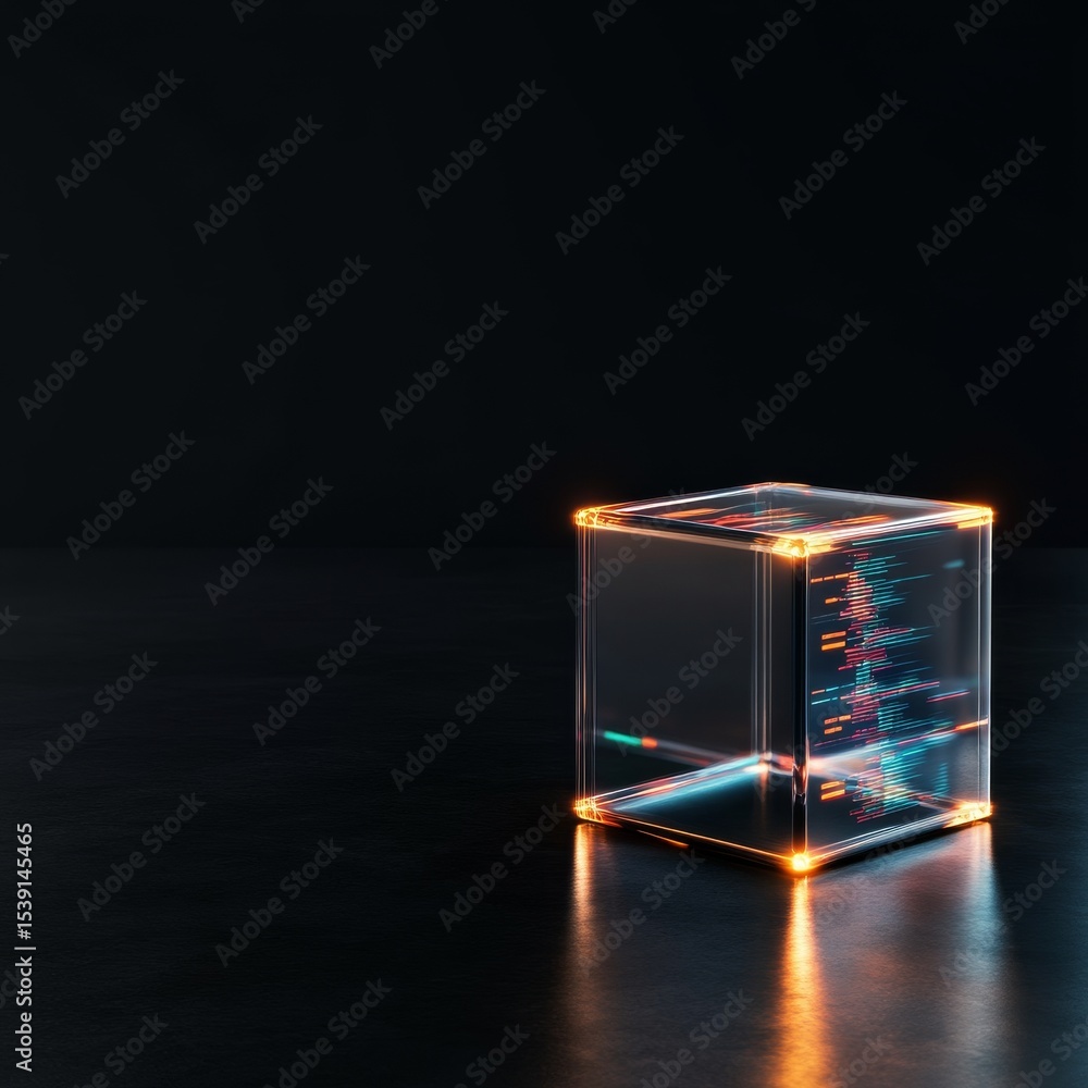 Poster illuminated code cube on dark surface, technology , data