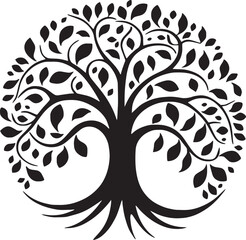 Elegant black and white tree of life graphic design.