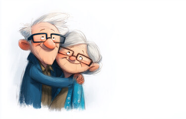 Grandfather and grandmother with glasses hugging each other, painted with watercolor on white background. Elderly people love each other. Grandparents day. Greeting card with space for text