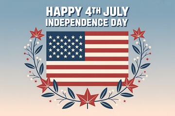 Happy fourth of july independence day with american flag and floral wreath