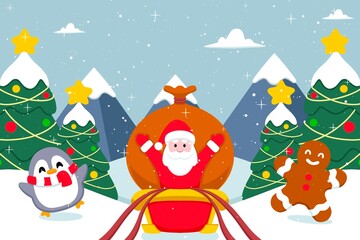 Flat Illustration of Santa with Penguin and Cookie Character in Snowy Forest and Mountain

