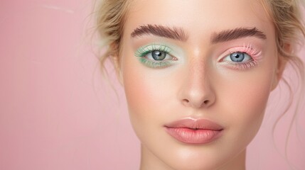 Fototapeta premium Woman with split pastel eyeshadow makeup, Pink and green eye color styling, Artistic and creative beauty concept, High fashion cosmetic portrait