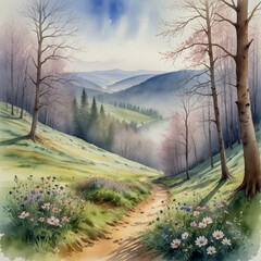Watercolor of the Poloniny National Park in Slovakia in early spring, with misty forests and meadows blossoming with anemones and other delicate flowers.