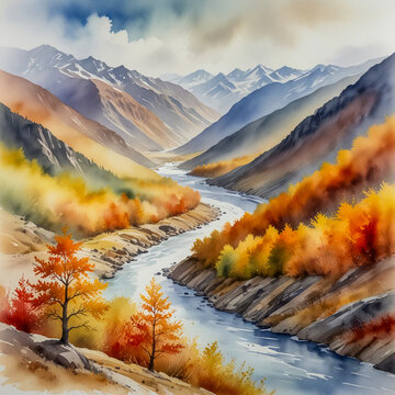 watercolor of the Teberda Nature Reserve in the Caucasus Mountains, Russia, with scarlet and amber forests climbing up steep valleys beneath misty ridgelines.