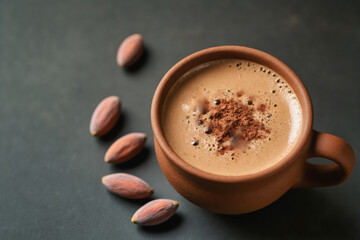 A rustic ceramic mug filled with chocolate drink, sprinkled with cocoa powder, sits on a dark surface alongside scattered cacao pods.