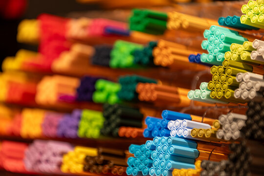 Alkmaar, Netherlands. 12-12-2024. STABILO Point 88 markers displayed in a colorful rack inside a stationery store