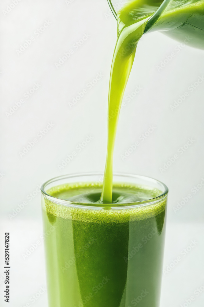 Poster vibrant green juice pours into a glass, creating a dynamic and refreshing visual.