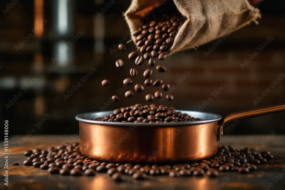 Poster roasted coffee beans cascade from a burlap sack into a copper saucepan, creating a dynamic and warm 