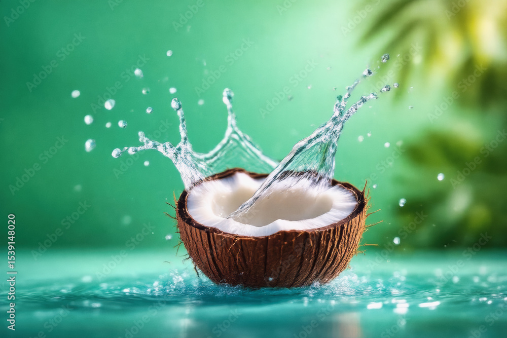 Poster a splash of clear water erupts from a halved coconut against a vibrant green background, creating a 