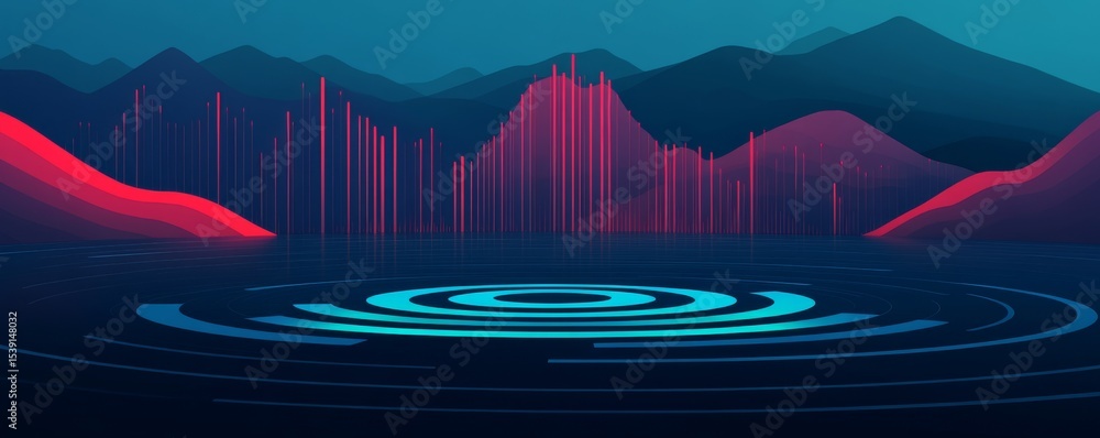Poster ripples and data streams abstract landscape in blue and red, data visualization , abstract art
