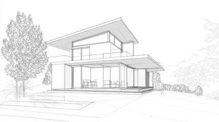 Architectural sketch of a modern house with landscaping.