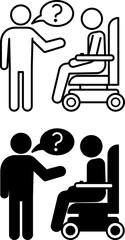 Assistance Icons. Black and White Vector Illustrations. Medical Help. Man Asking Question To Sick Man In Wheelchair. Disability Concept