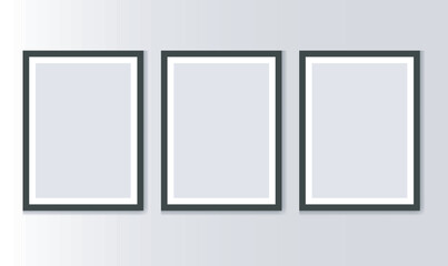  A minimalist depiction of three empty, black-framed pictures hanging on a light gray wall. The mood is clean, modern, and versatile, ideal for showcasing artwork or design concepts. 