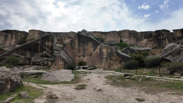 A view from Qobustan National Park in Qobustan, Azerbaijan. Rock paintings dating back thousands of years are found here.