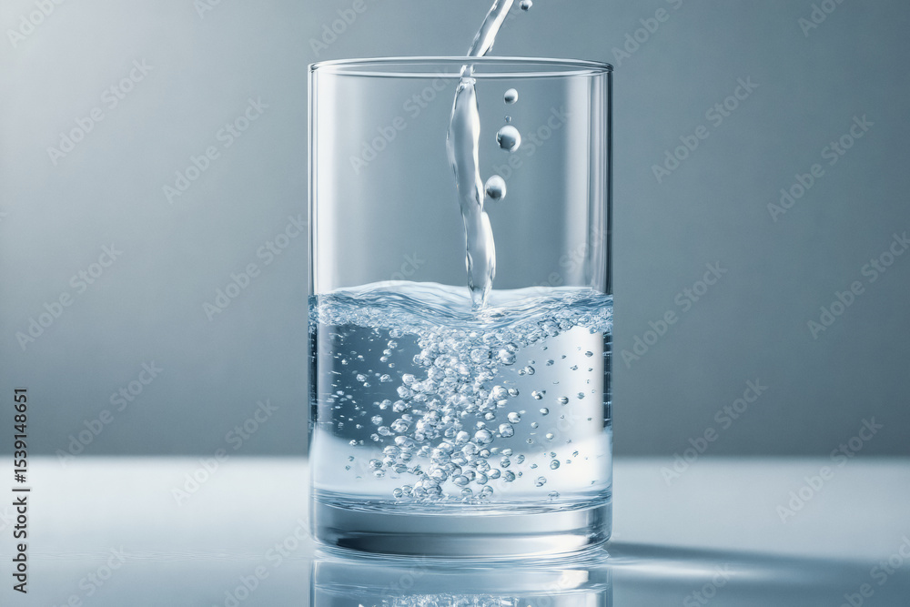 Poster clear water pours into a glass, creating a dynamic splash and bubbles against a gradient background.