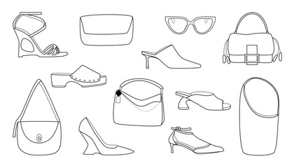 This collection of illustrations includes stylish women's accessories and shoes, perfect for fashion projects. 