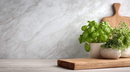 Still life of potted basil and thyme plants with wooden cutting boards on a white marble background