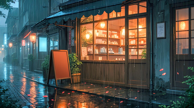 City street with bar at rainy night. Anime cartoon illustration of cafe exterior with people inside. Mokcap