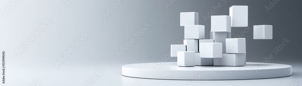 Poster white cubes on round platform display, presentation, 3d render ,abstract
