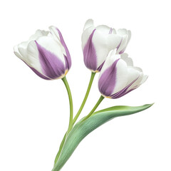 Fototapeta premium Elegant studio shot of three white and purple striped tulips against a black background
