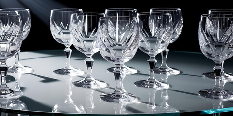 Elegant Crystal Glasses with Intricate Cuts on Reflective Surface

