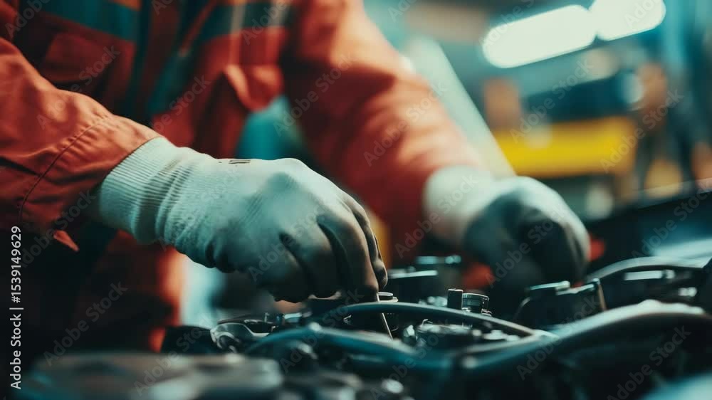 Poster hands in gloves working on automotive engine with various tools.
