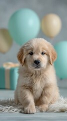 Happy golden retriever puppy on white fluffy blanket