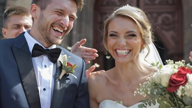 happy newlyweds bride and groom leaving church, confetti falling, happy guests