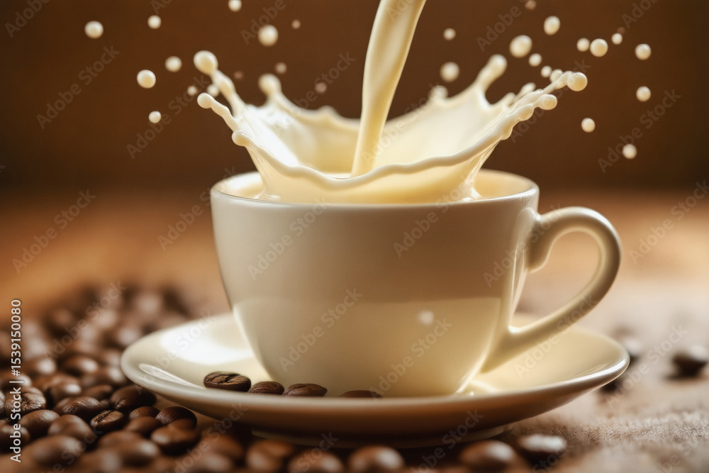 Poster cream dramatically splashes into a cup of coffee, creating a dynamic and appealing visual against a 