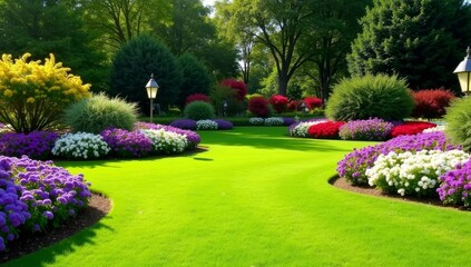 Fototapeta premium meticulously maintained garden featuring a lush, bright green lawn as the central element. The lawn is bordered by curving flowerbeds bursting with colorful flowers