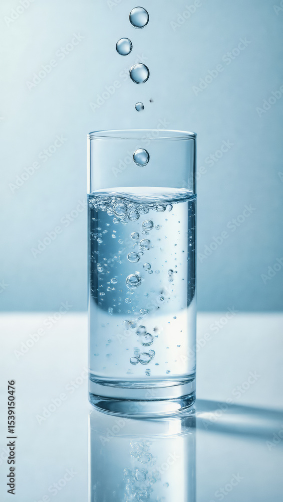 Poster a clear glass of water with rising bubbles sits on a reflective surface, creating a refreshing and c