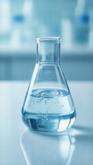 A clear glass flask filled with water sits on a reflective surface, creating a clean and scientific aesthetic.