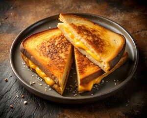 Top Down View of Crispy Golden Brown Grilled Cheese Sandwich with Melted Cheese on Dark Plate

