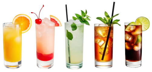 variety of colorful alcoholic cocktails in high glass isolated on white or transparent background. Screwdriver, Cuba Libre, Long Island, Mojito, Pink Lady
