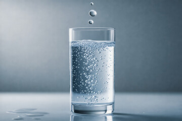 A clear glass of sparkling water sits on a reflective surface, with bubbles rising within.
