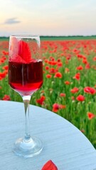 Glass of red wine on a table in a poppy field