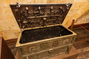 Old wooden dower chest in the University of Salamanca Spain