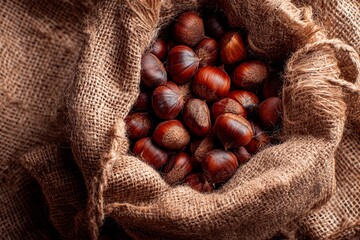 A burlap sack filled with freshly harvested chestnuts sits on a rustic surface, showcasing their shiny brown shells. This glimpse into autumn captures the essence of seasonal produce